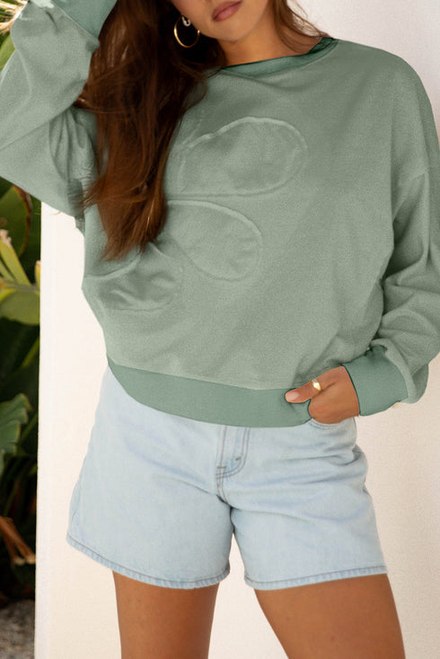 Raw Edge Flower Patch Drop Shoulder Contrast Rib Crewneck Long Sleeve Top